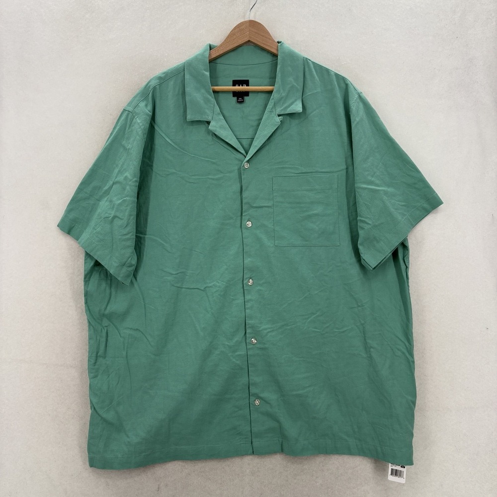 Gap Shirt Mens 2XL Green Linen Blend Short Sleeve Button Up Camp Casual Stretch